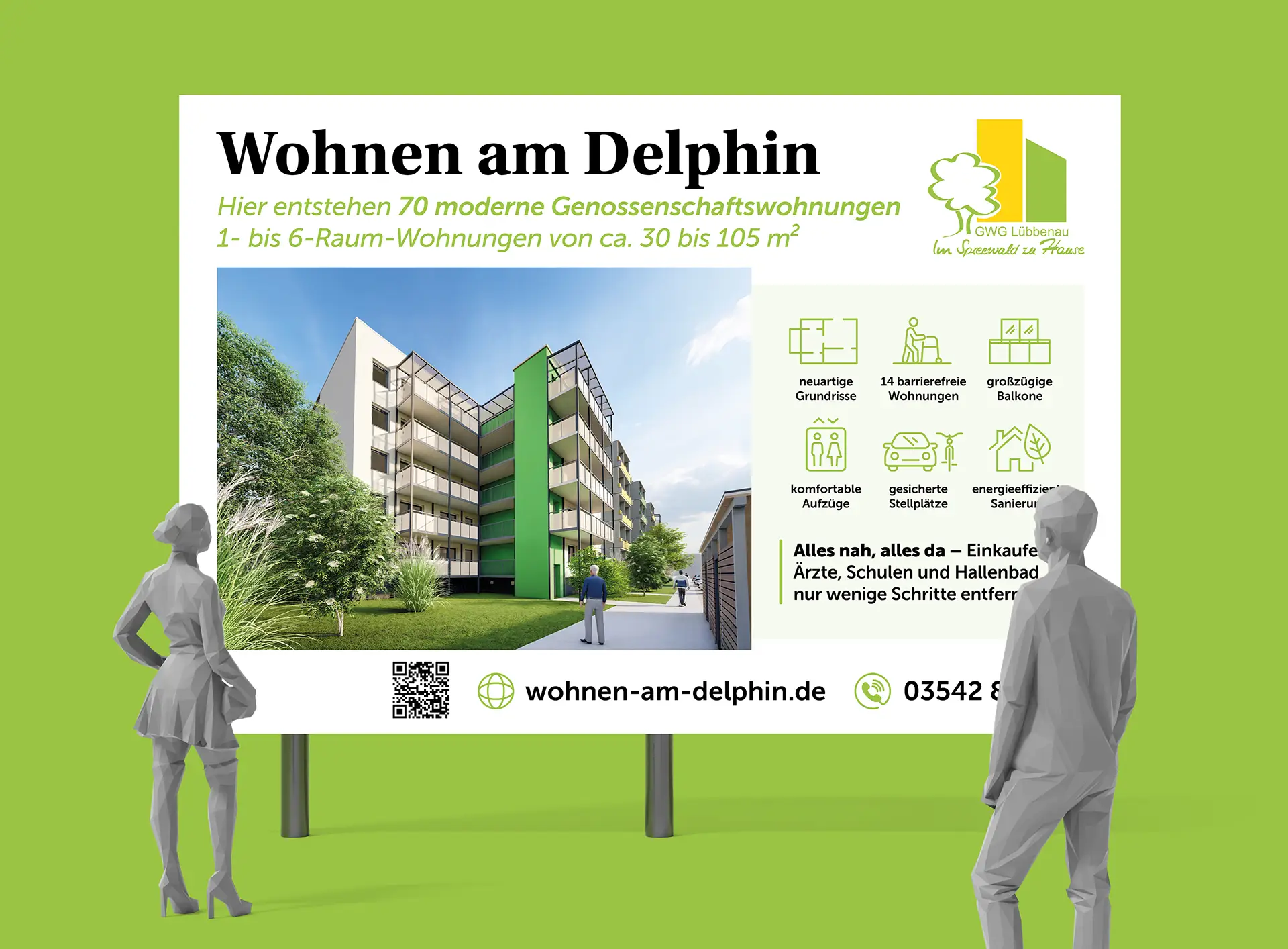 Großes Werbeschild mit Visualisierung eines modernen Wohngebäudes und dem Text „Wohnen am Delphin“, davor zwei graue Figuren.