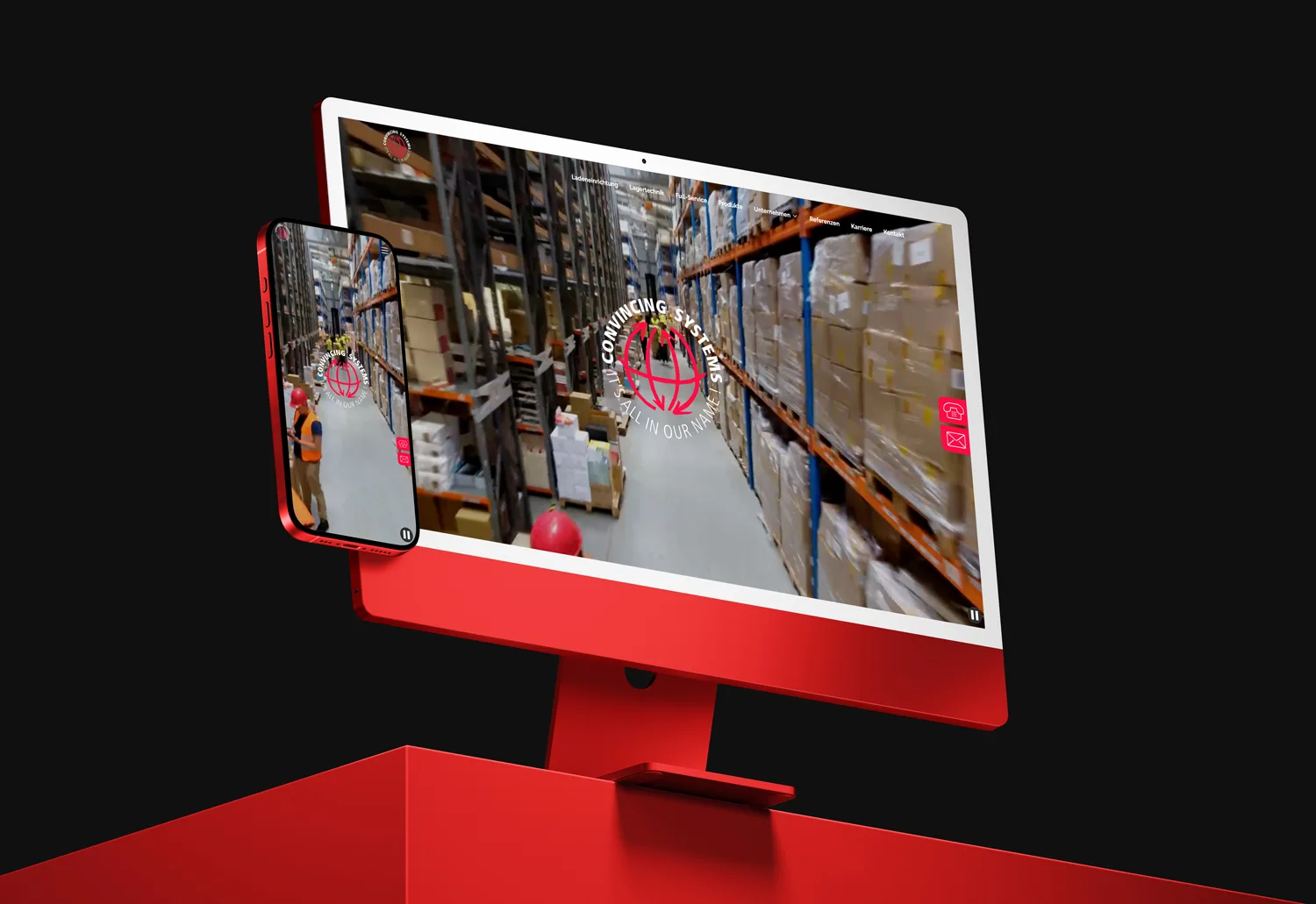 Roter Computer und Smartphone zeigen die Website von Convincing Systems mit Lagerhallen-Motiv auf dem Bildschirm.