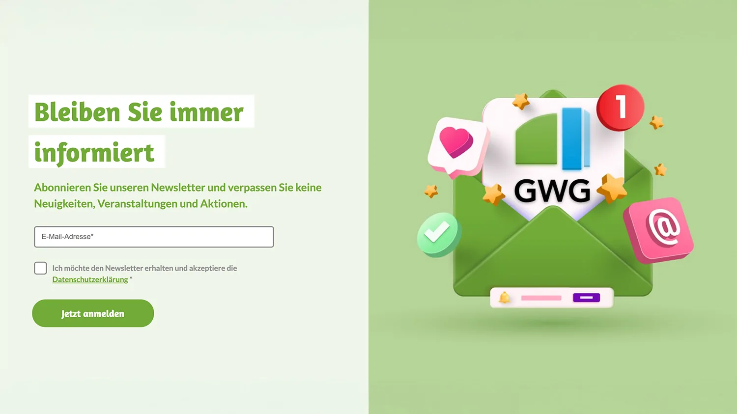 ewsletter-Anmeldung der GWG mit Eingabefeld für E-Mail-Adresse und animiertem Briefumschlag mit Symbolen.