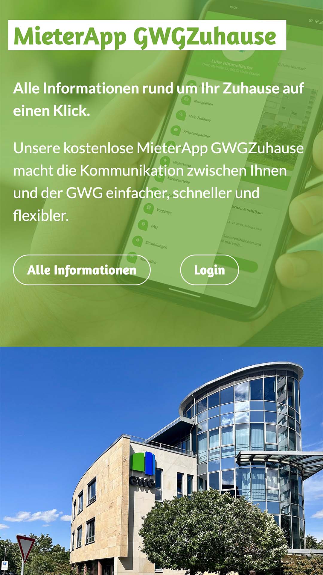 Mobile Website-Ansicht der MieterApp „GWGZuhause“ mit Smartphone-Screenshot und Text über Vorteile der App.