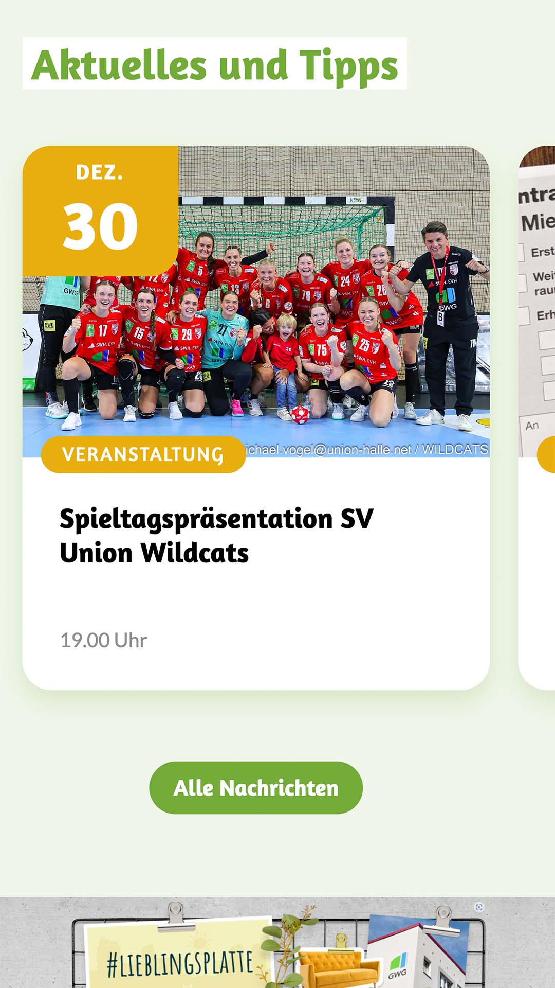 Mobile Website-Ansicht mit Veranstaltungshinweis zur Spieltagspräsentation des SV Union Wildcats. Mehrere Spielerinnen jubeln im Teamfoto.