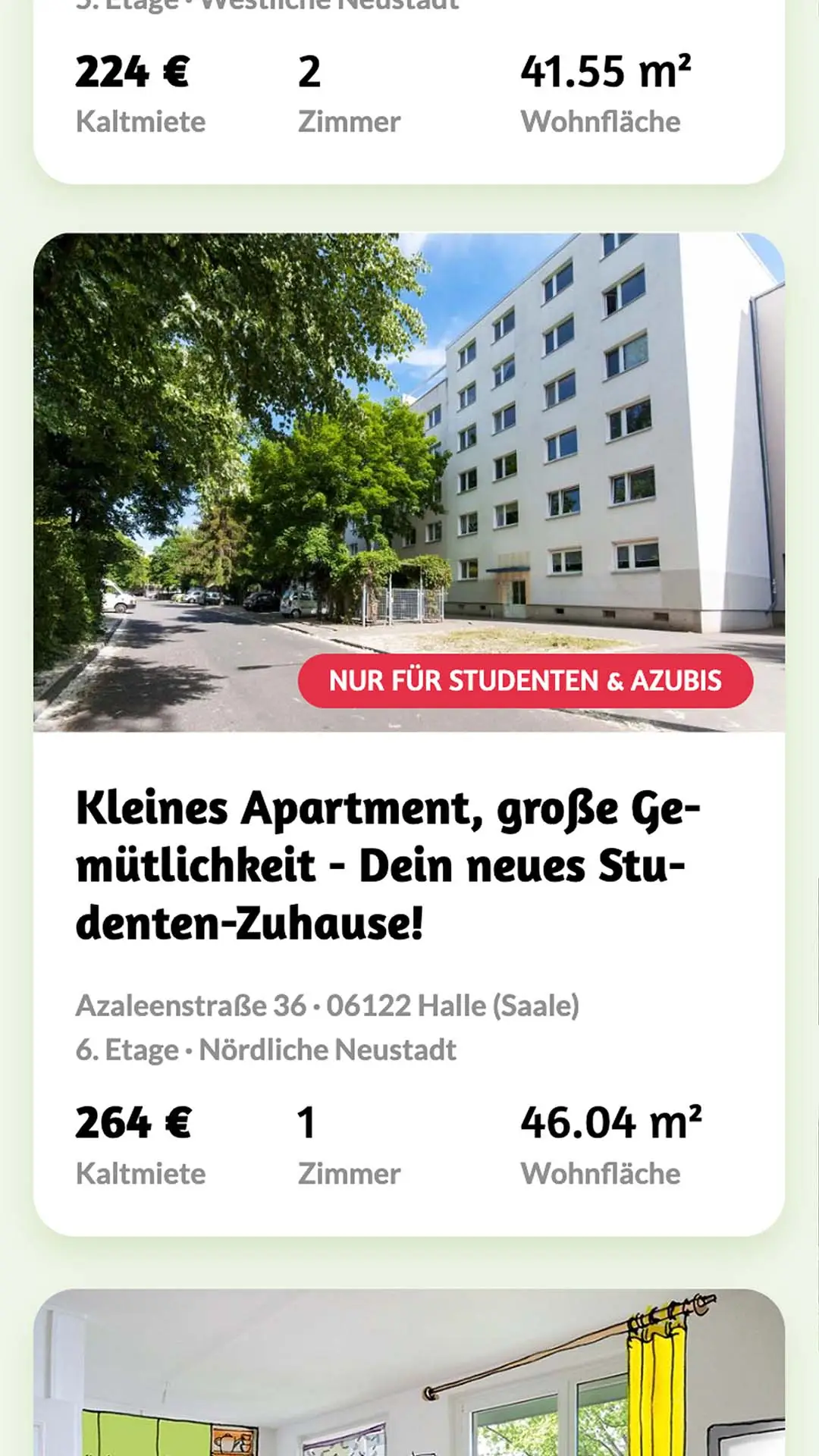 Mobile Wohnungsanzeige der GWG Halle mit Foto eines Mehrfamilienhauses und Text „Kleines Apartment, große Gemütlichkeit – Dein neues Studenten-Zuhause“.