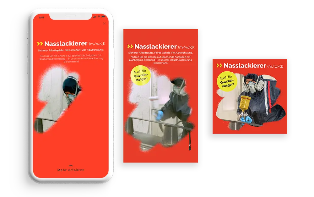 Drei Social-Media-Grafiken der ILB-Kampagne „Nasslackierer (m/w/d)“. Zeigen einen Arbeiter beim Lackieren und den Hinweis „Auch für Quereinsteiger“. Darstellung auf Smartphone und quadratischen Formaten.