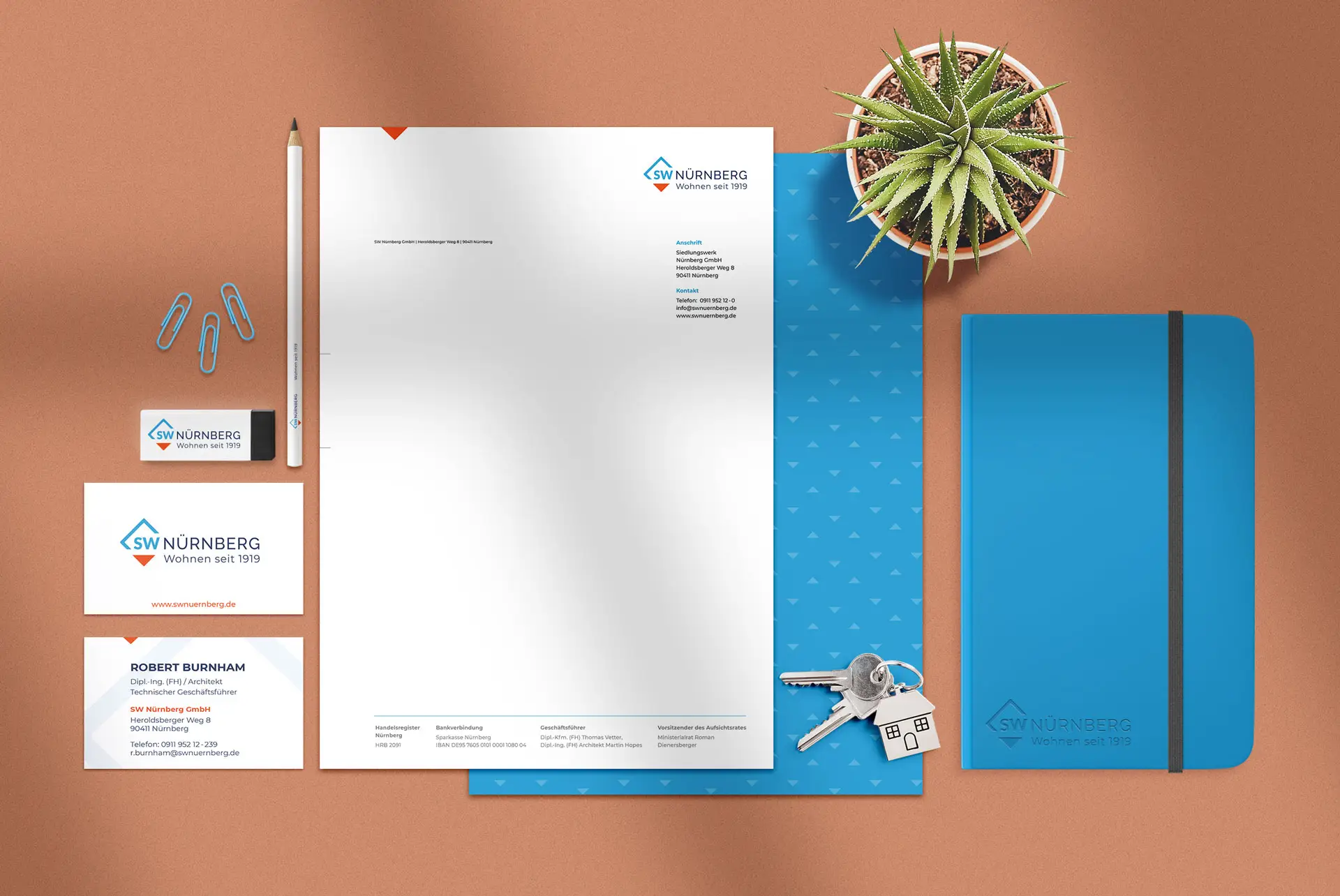 SW Nürnberg Corporate Design mit Briefpapier, Visitenkarte und Notizbuch
